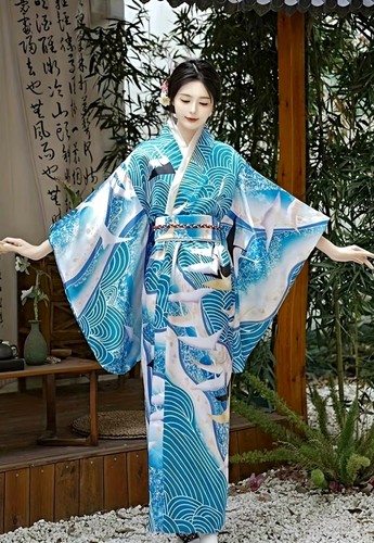 Damen kimono blau - kimono, blau/weiß
